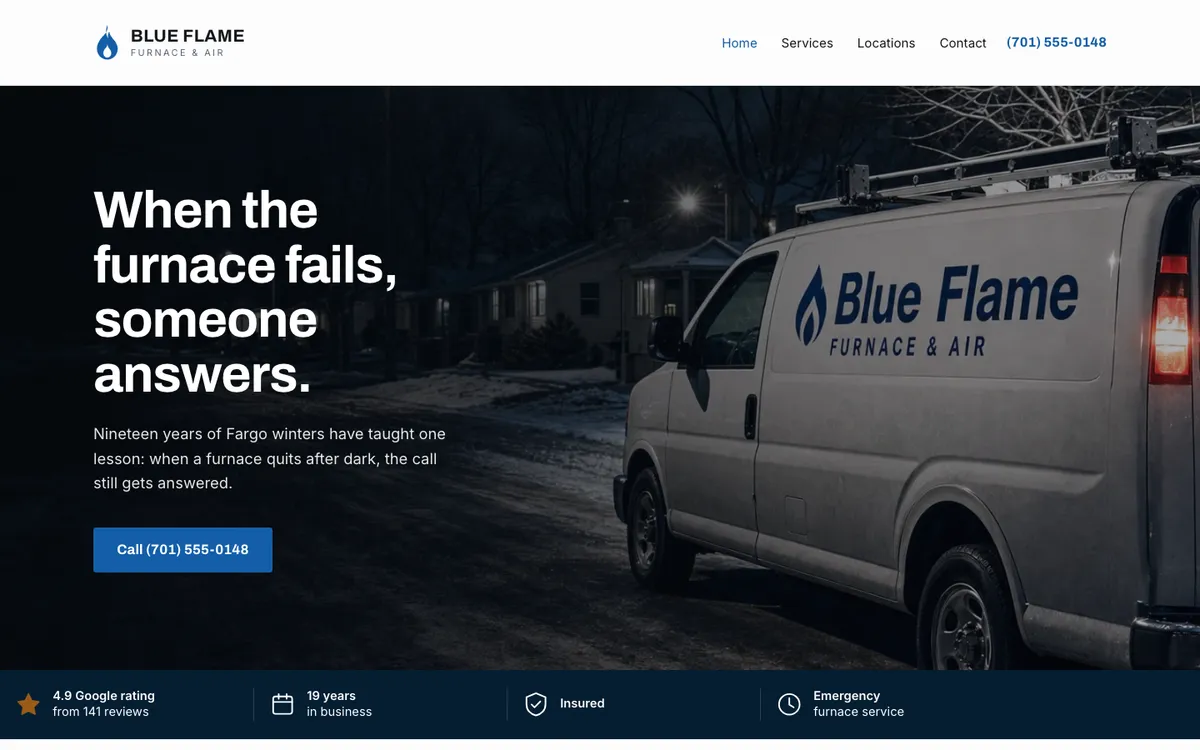 Blue Flame Furnace & Air homepage at night, a service van parked in a snowy driveway, headline 'When the furnace fails, someone answers,' a call button, and a trust band reading 4.9 Google rating from 141 reviews, 19 years in business, insured, and emergency furnace service.