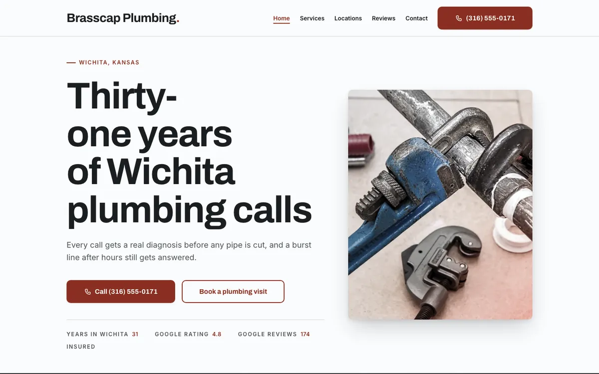 Brasscap Plumbing homepage with the headline 'Thirty-one years of Wichita plumbing calls,' a photo of a pipe wrench on plumbing fittings, a call button and a 'Book a plumbing visit' button, and a trust line reading 31 years in Wichita, 4.8 Google rating, 174 Google reviews, and insured.