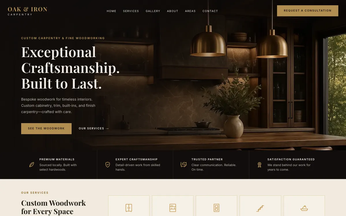 Homepage preview of the Oak & Iron Carpentry demo site