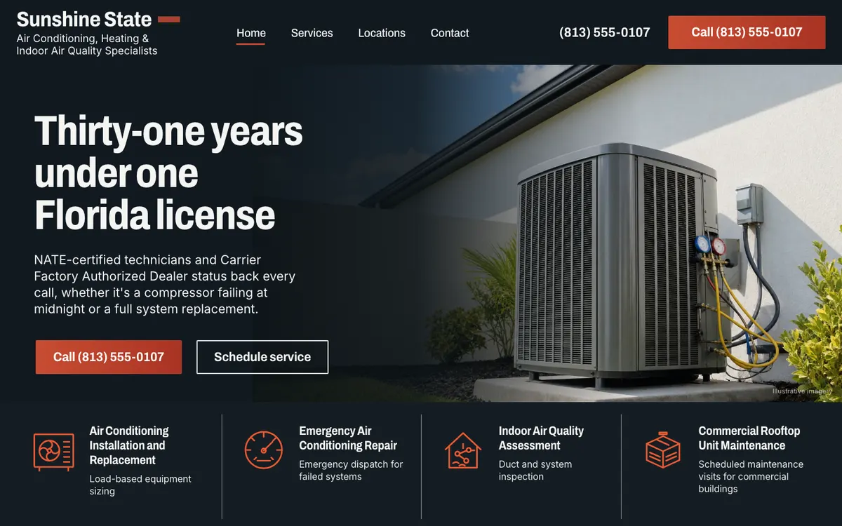 Homepage preview of the Sunshine State Air Conditioning, Heating & Indoor Air Quality Specialists demo site