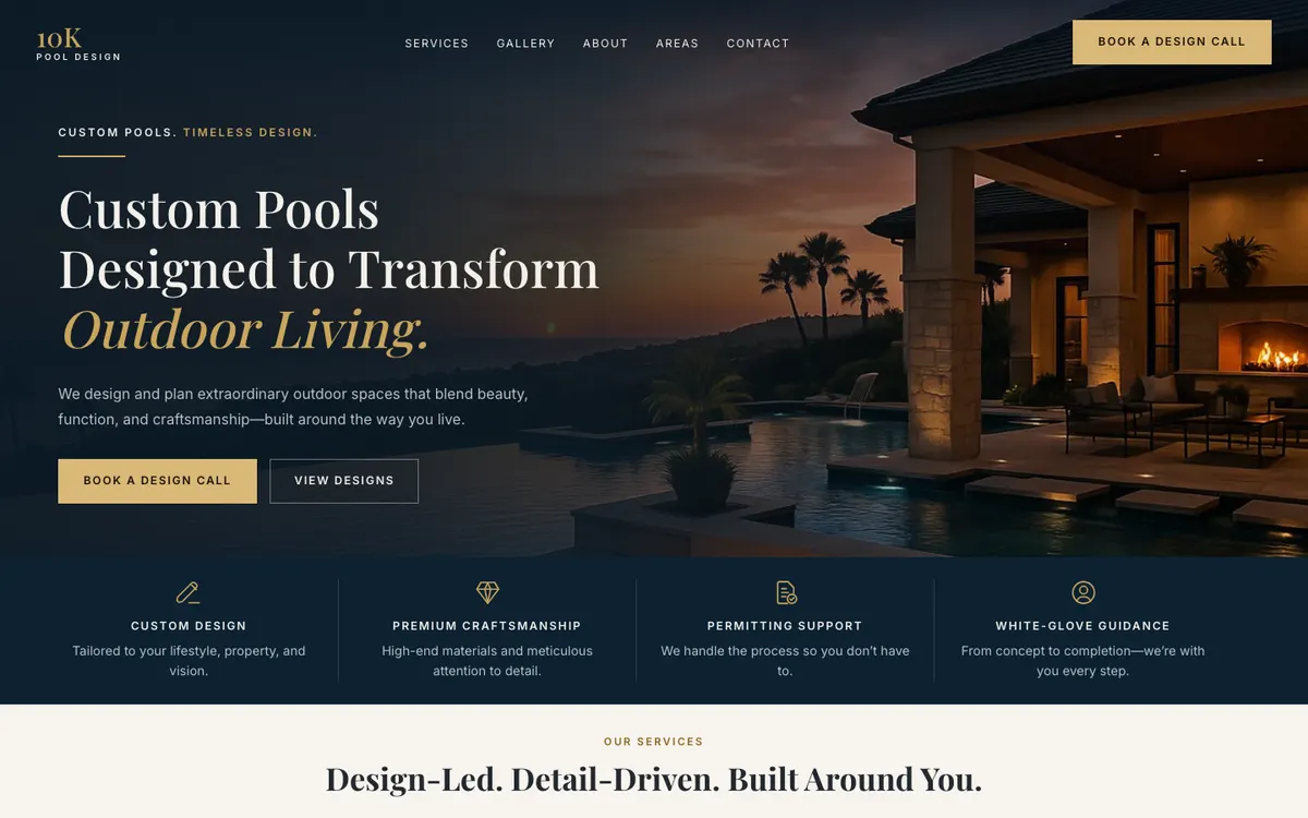 Homepage preview of the 10K Pool Design demo site