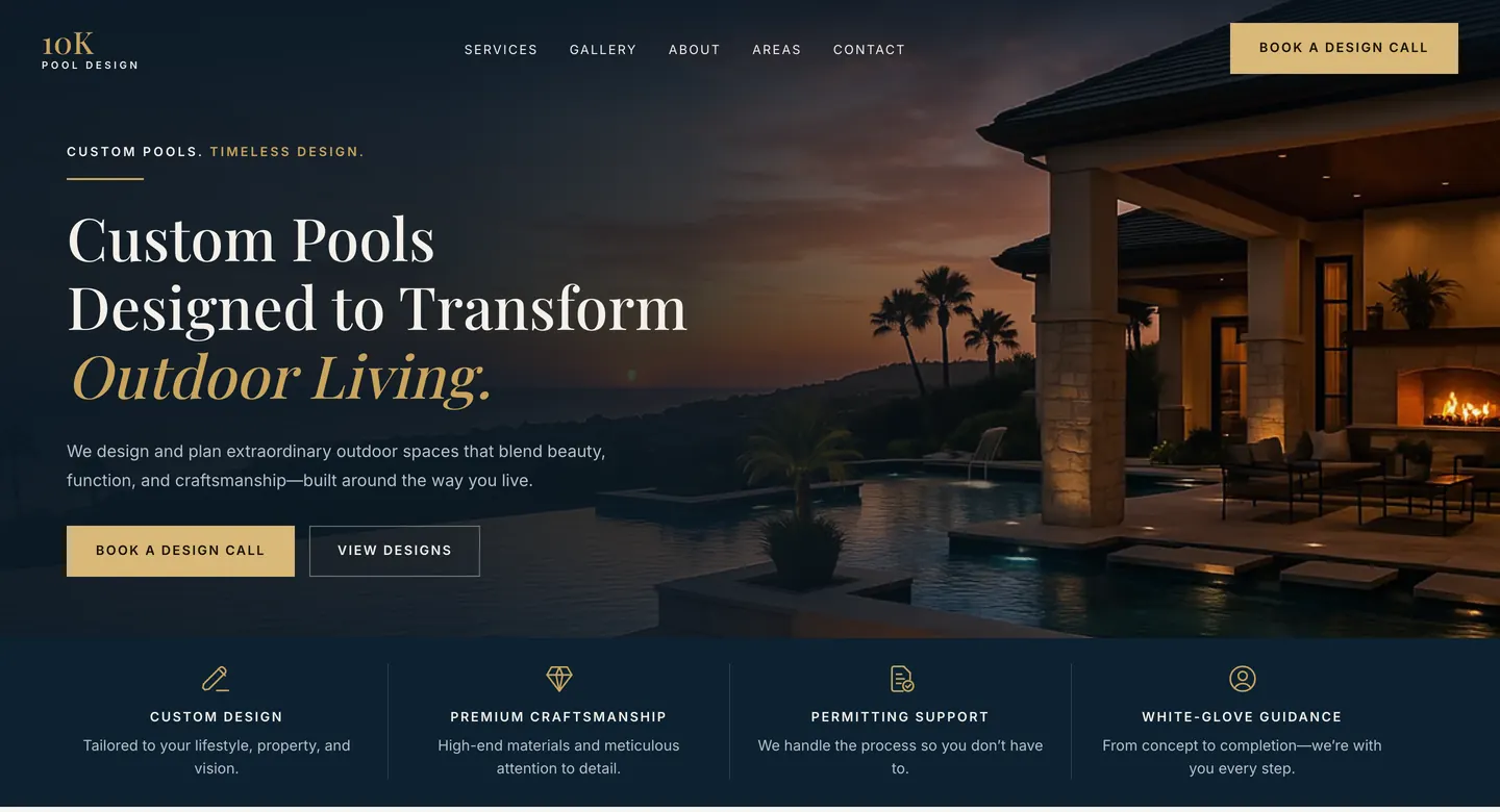 Homepage of the TenK Pool Design demo site, a sample business built to show the range