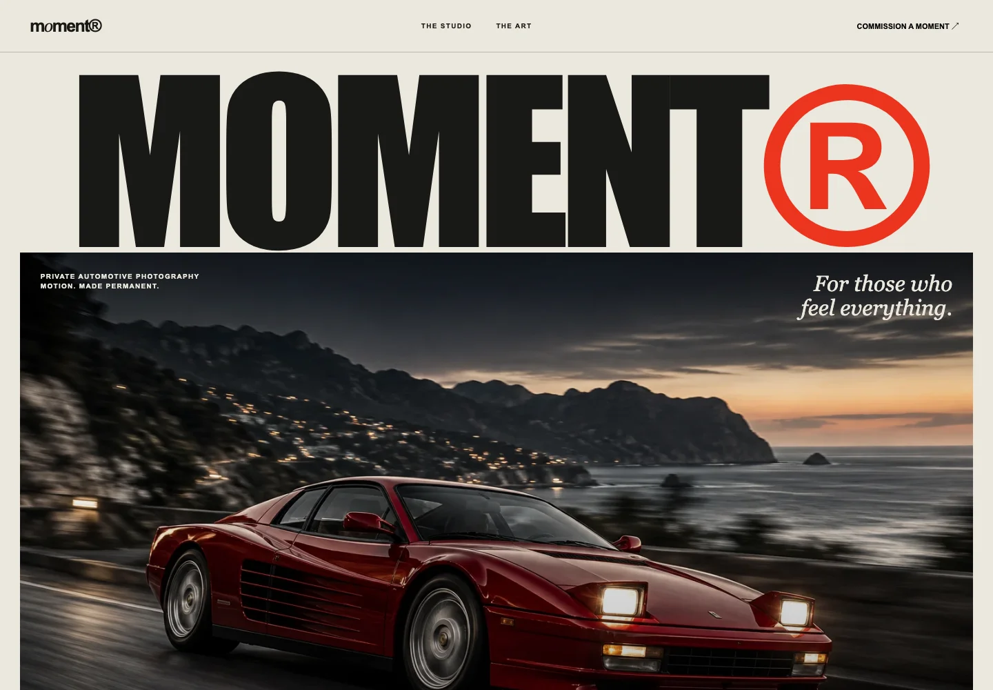 Moment photography concept with oversized typography and a cherry-red sports car on a coastal road.