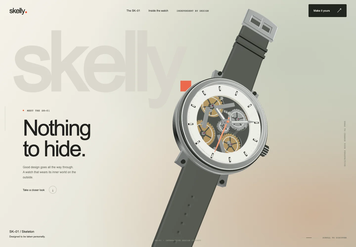 Skelly watch concept, with a large skeleton watch on an ivory, sage and copper background.